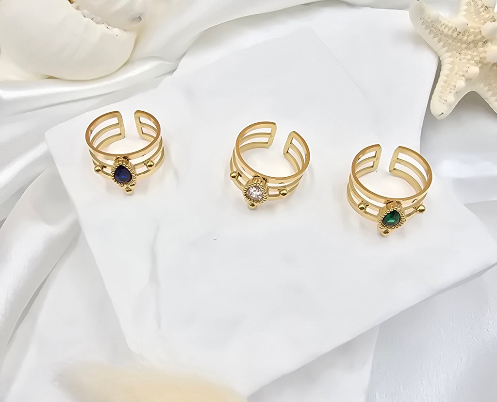 Bague Milan – Triple Anneau Doré & Cristal Goutte