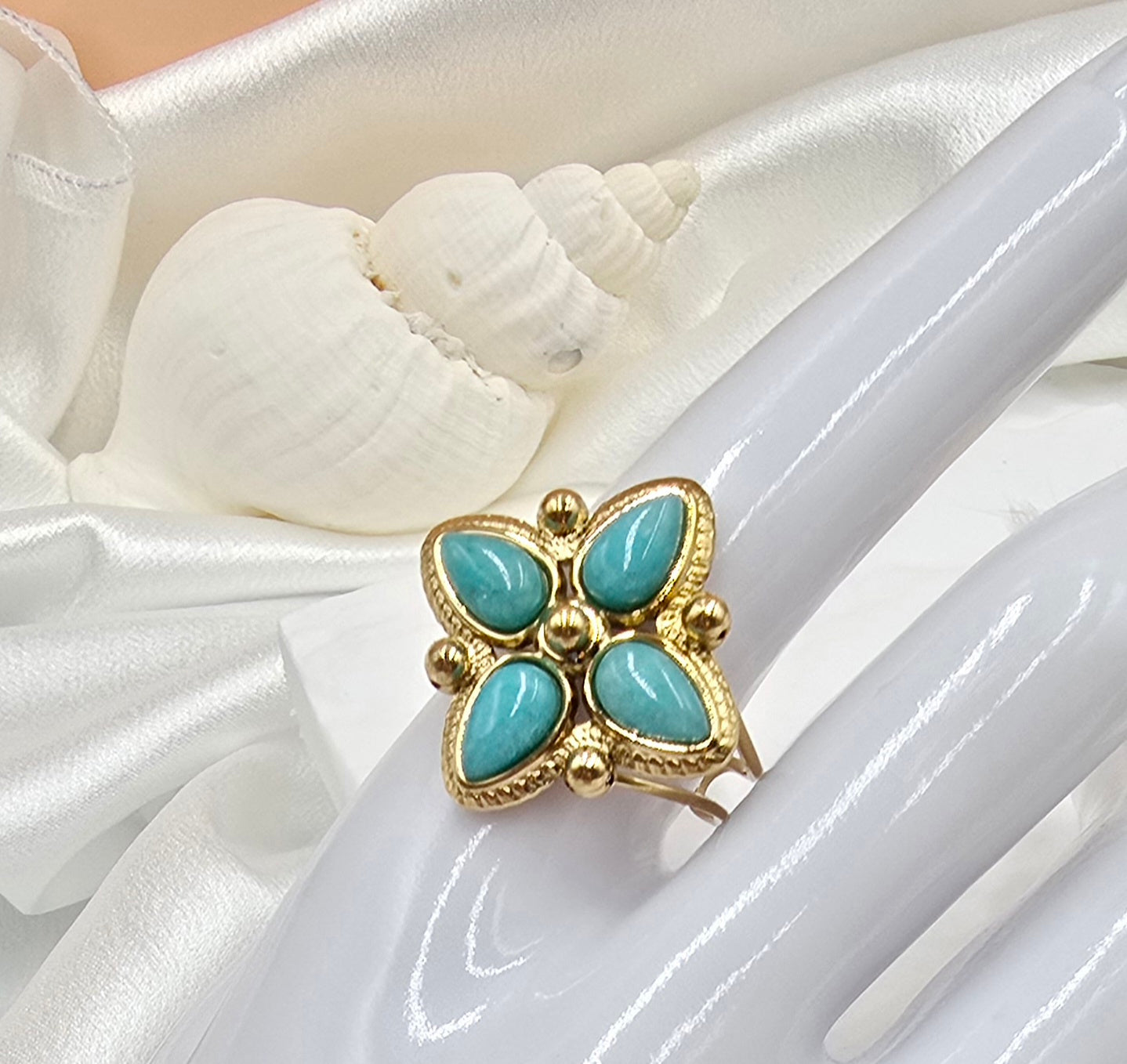 Bague Santorin – Motif Trèfle Doré & Amazonite