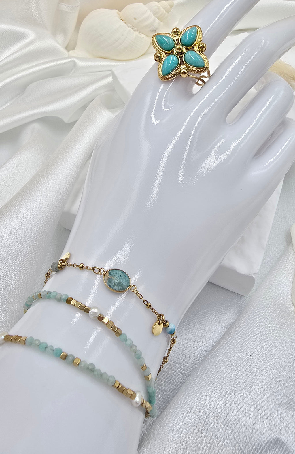 Bague Santorin – Motif Trèfle Doré & Amazonite