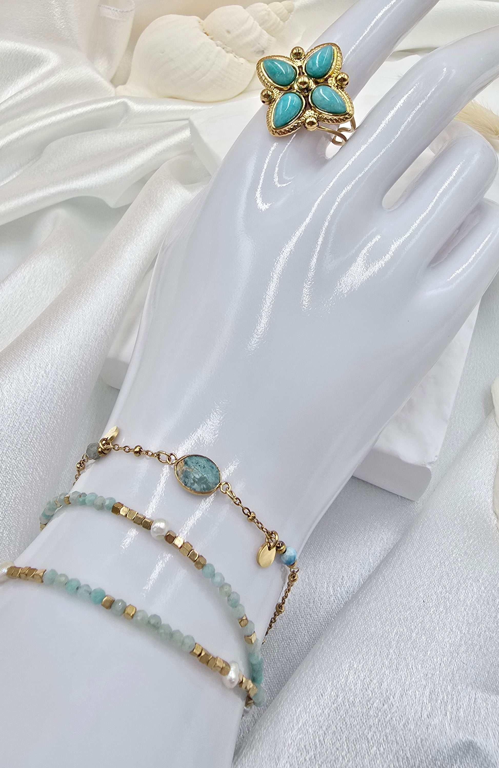 Bague Santorin – Motif Trèfle Doré & Amazonite