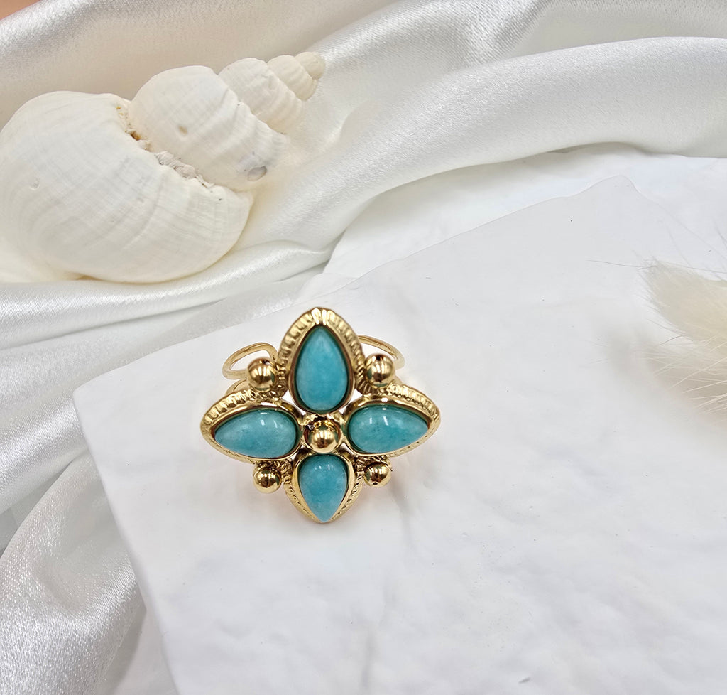 Bague Santorin – Motif Trèfle Doré & Amazonite