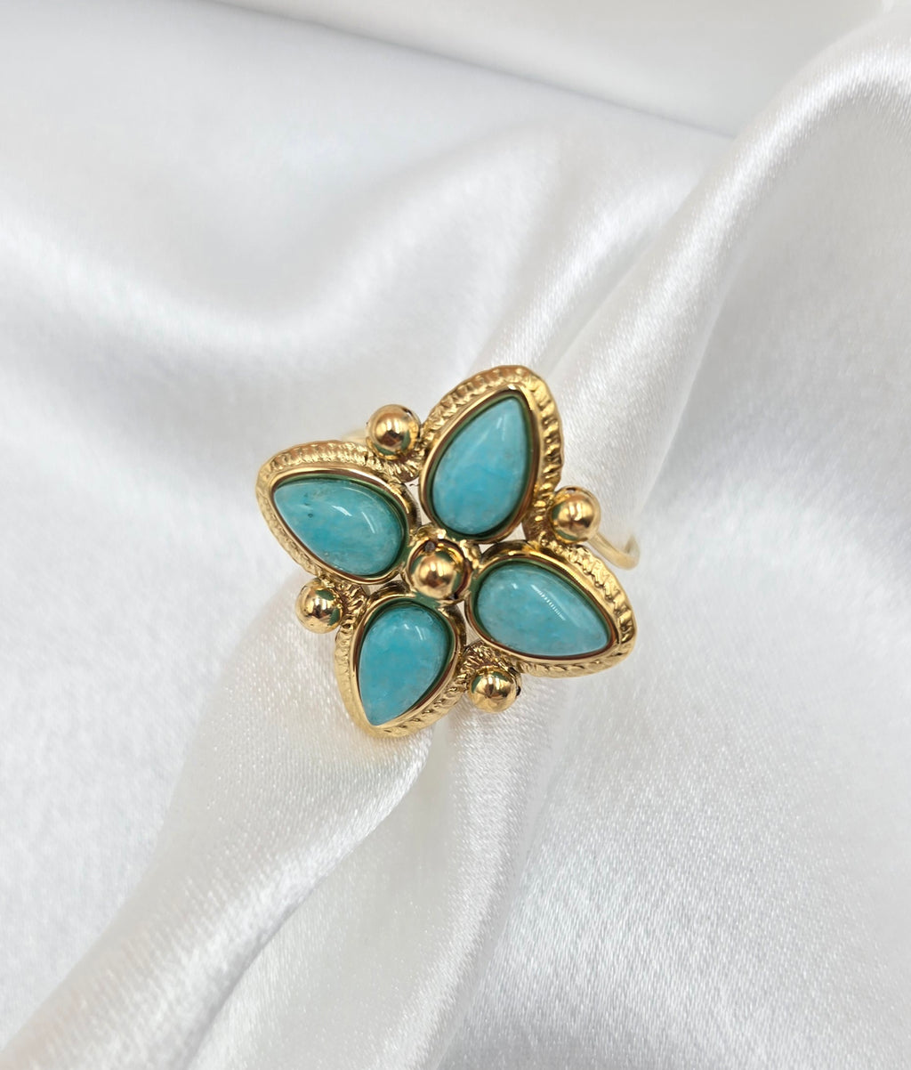 Bague Santorin – Motif Trèfle Doré & Amazonite