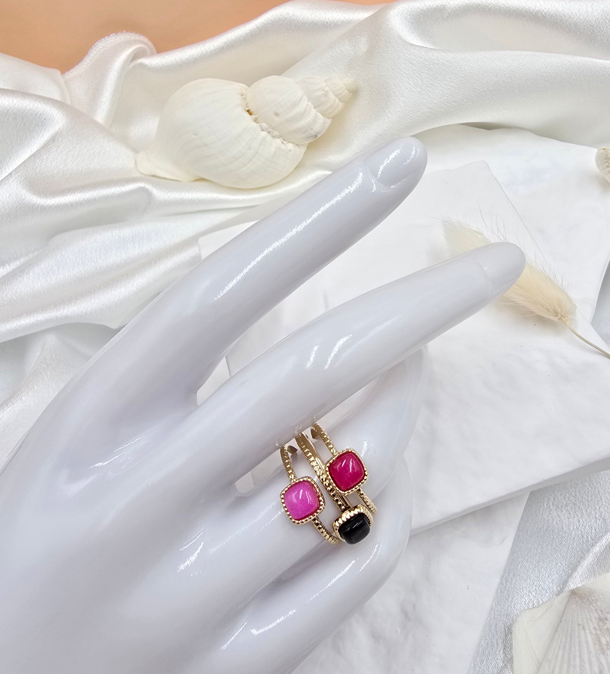 Bague Bali – Triple Anneau Milgrain & Tourmaline Colorée
