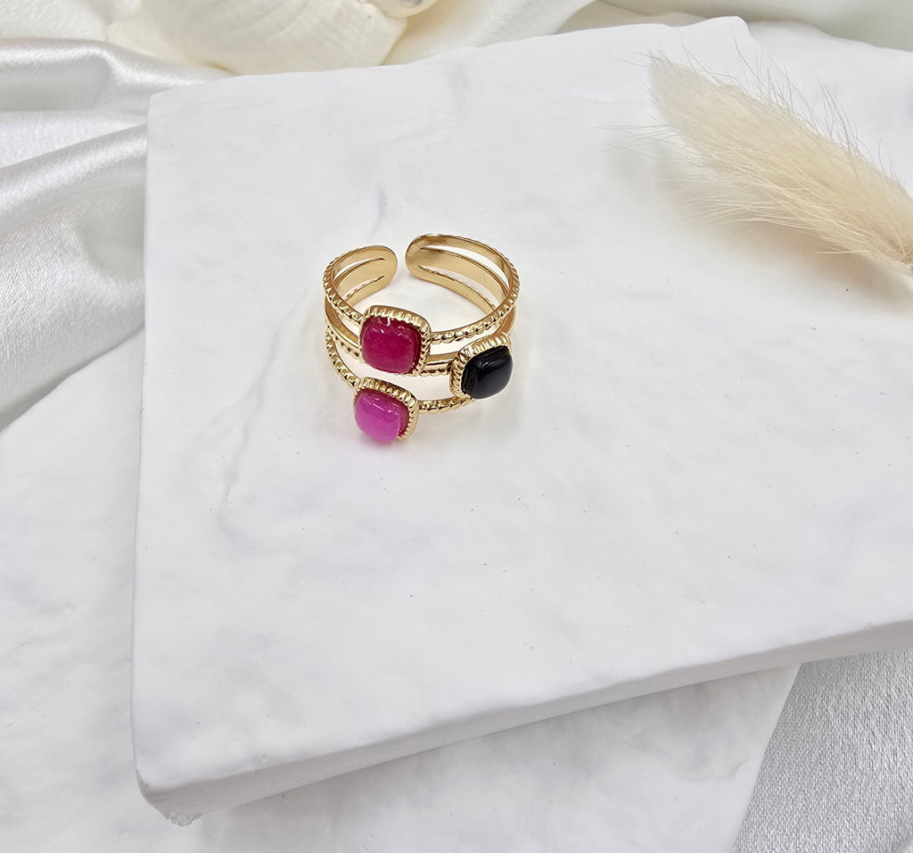 Bague Bali – Triple Anneau Milgrain & Tourmaline Colorée