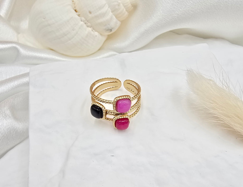 Bague Bali – Triple Anneau Milgrain & Tourmaline Colorée