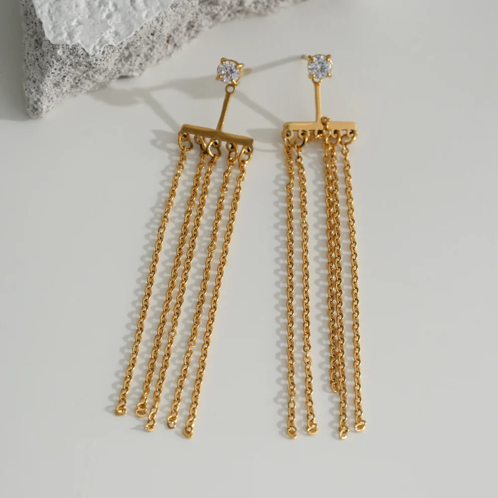 Boucles d'Oreilles DIVINA — Puces Strass & Chaînes Pendantes Dorées