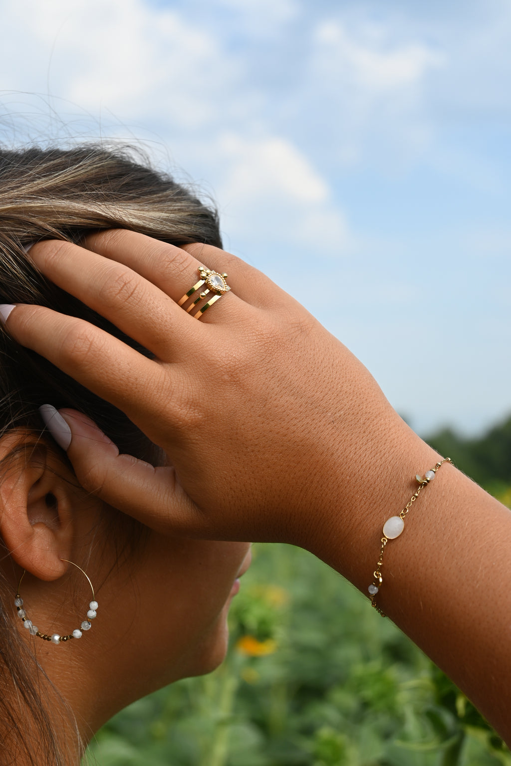 Bague Milan – Triple Anneau Doré & Cristal Goutte