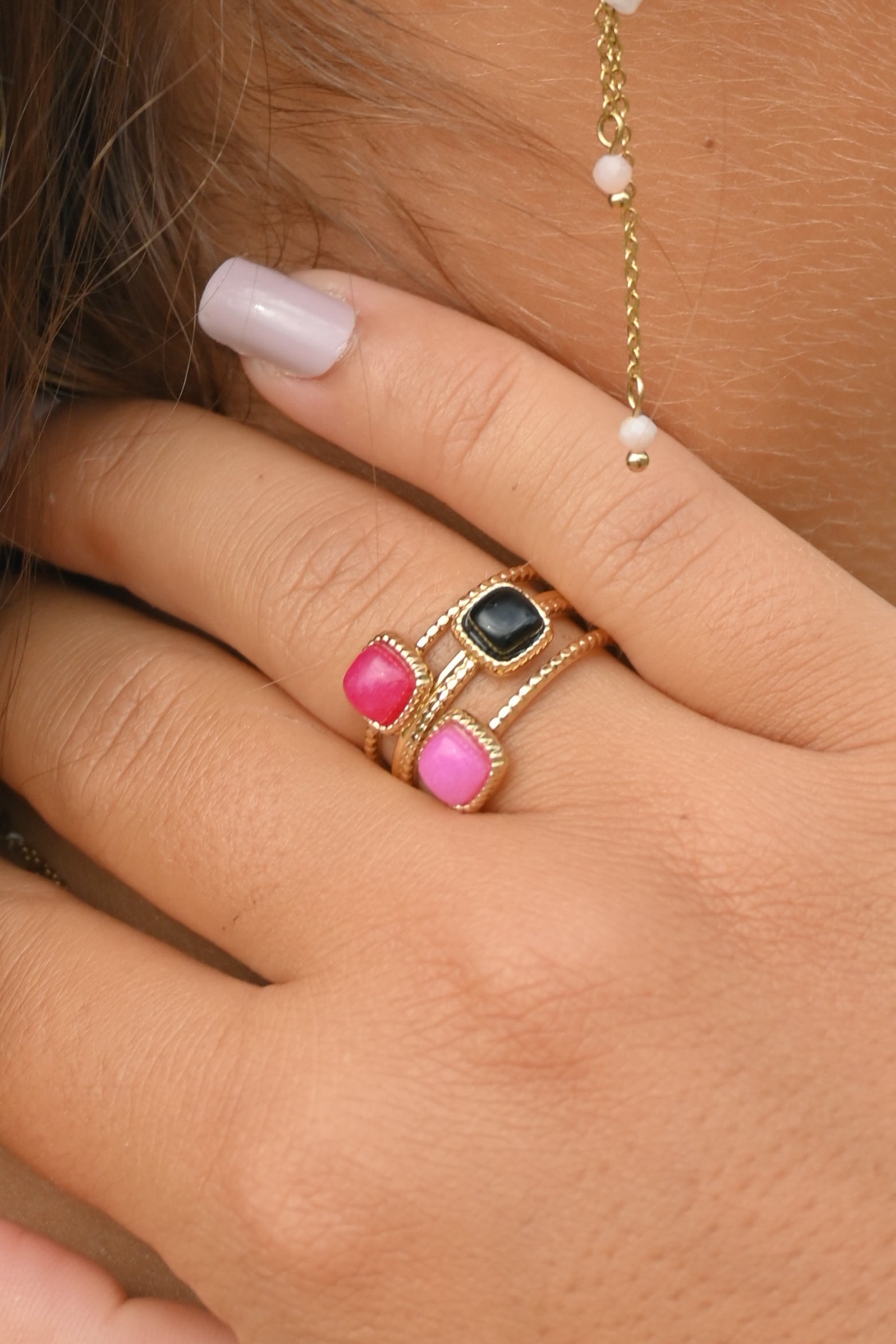 Bague Bali – Triple Anneau Milgrain & Tourmaline Colorée