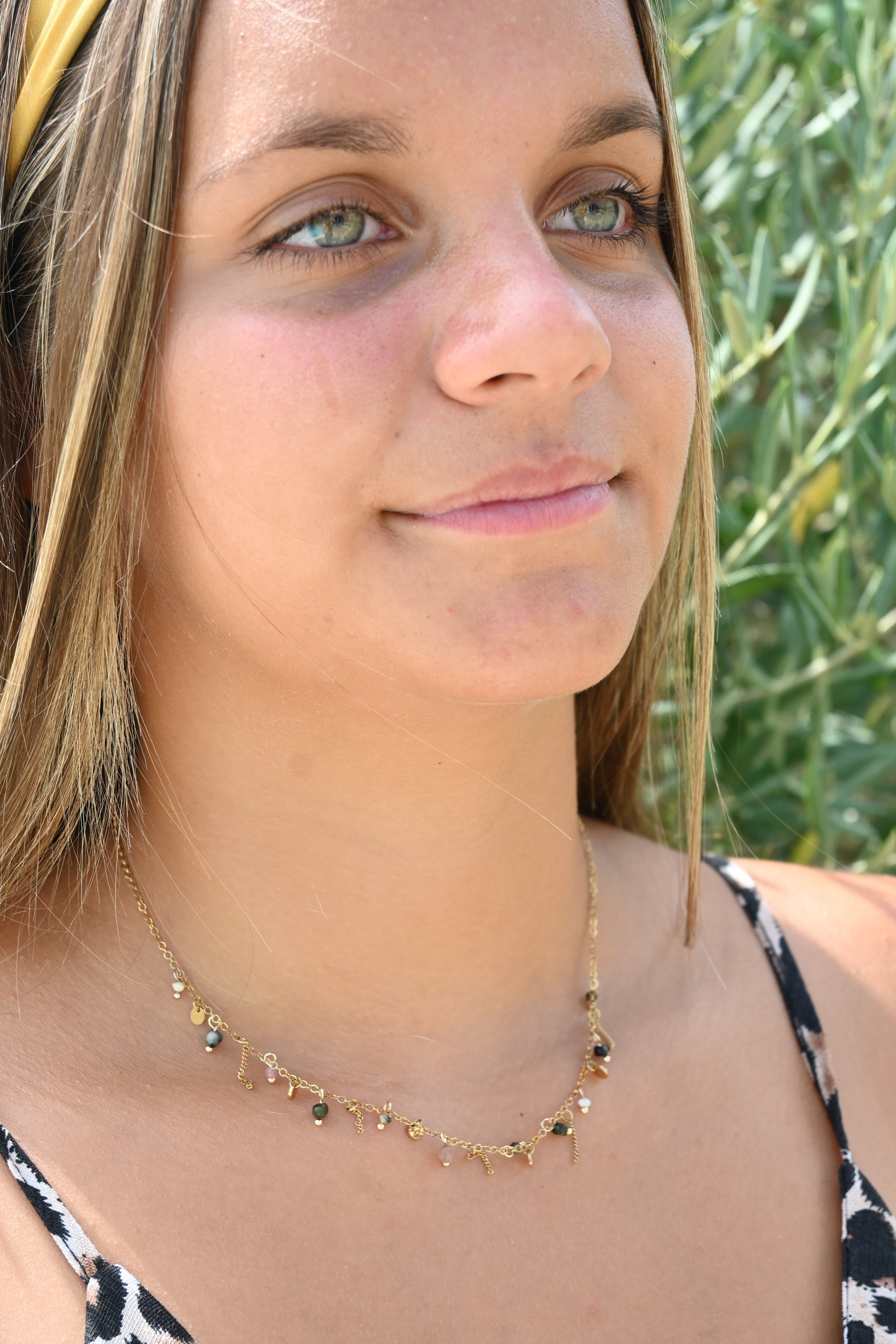 Collier Alice – Pampilles Dorées & Pierres Naturelles Agate Multicolore
