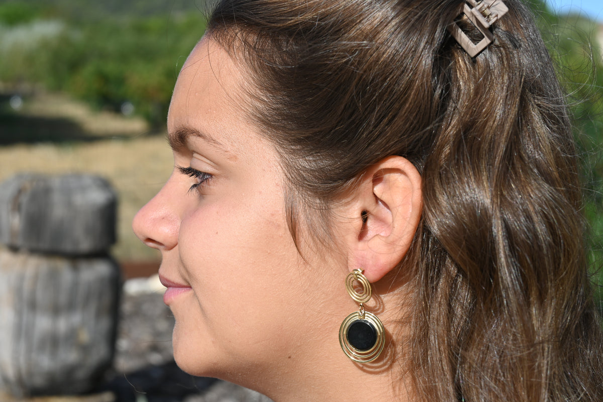 Boucles d'oreilles Rosaline – Nacre & Onyx | Acier Doré