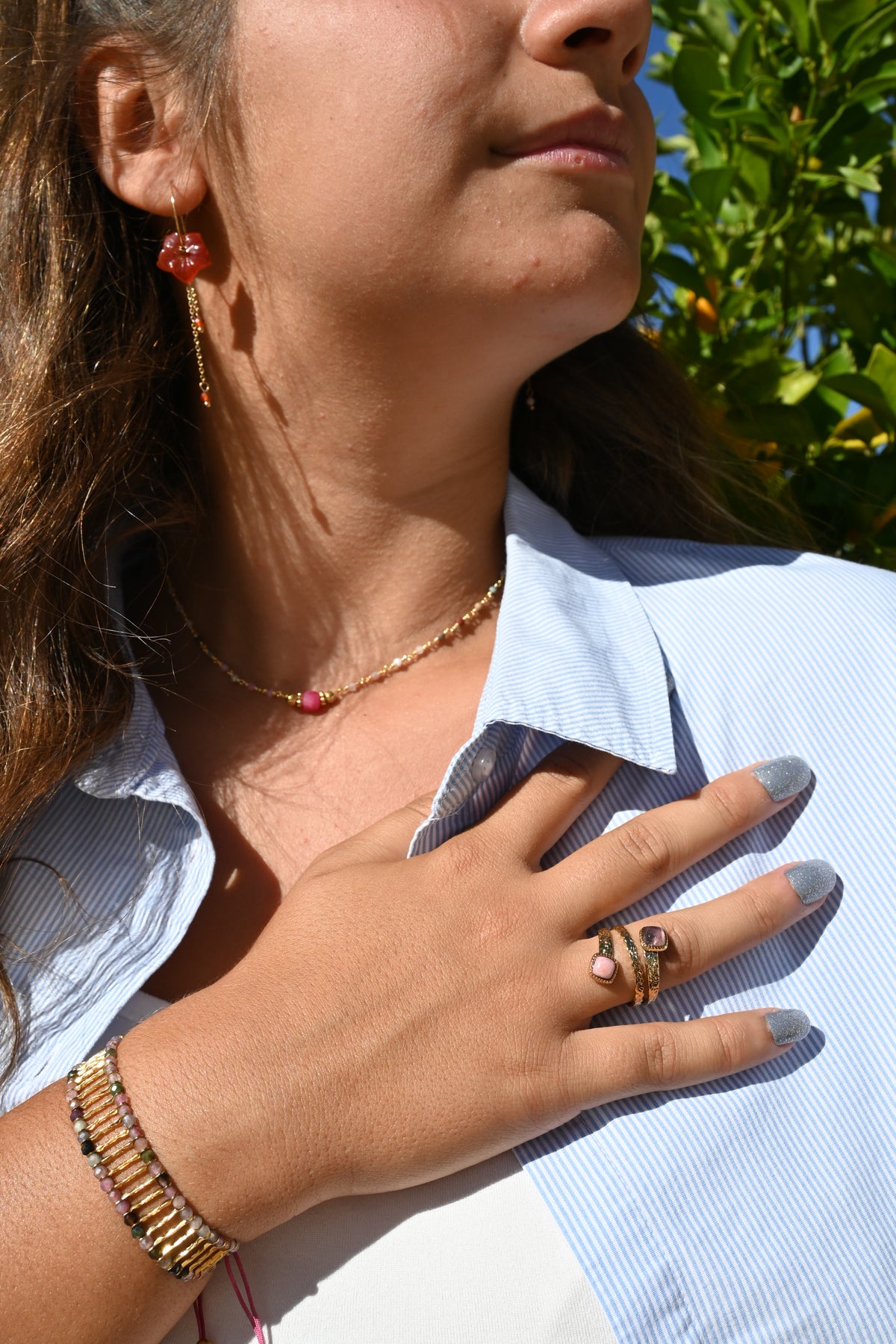 Bague Lou – Nacre & Améthyste | Acier Doré Ajustable