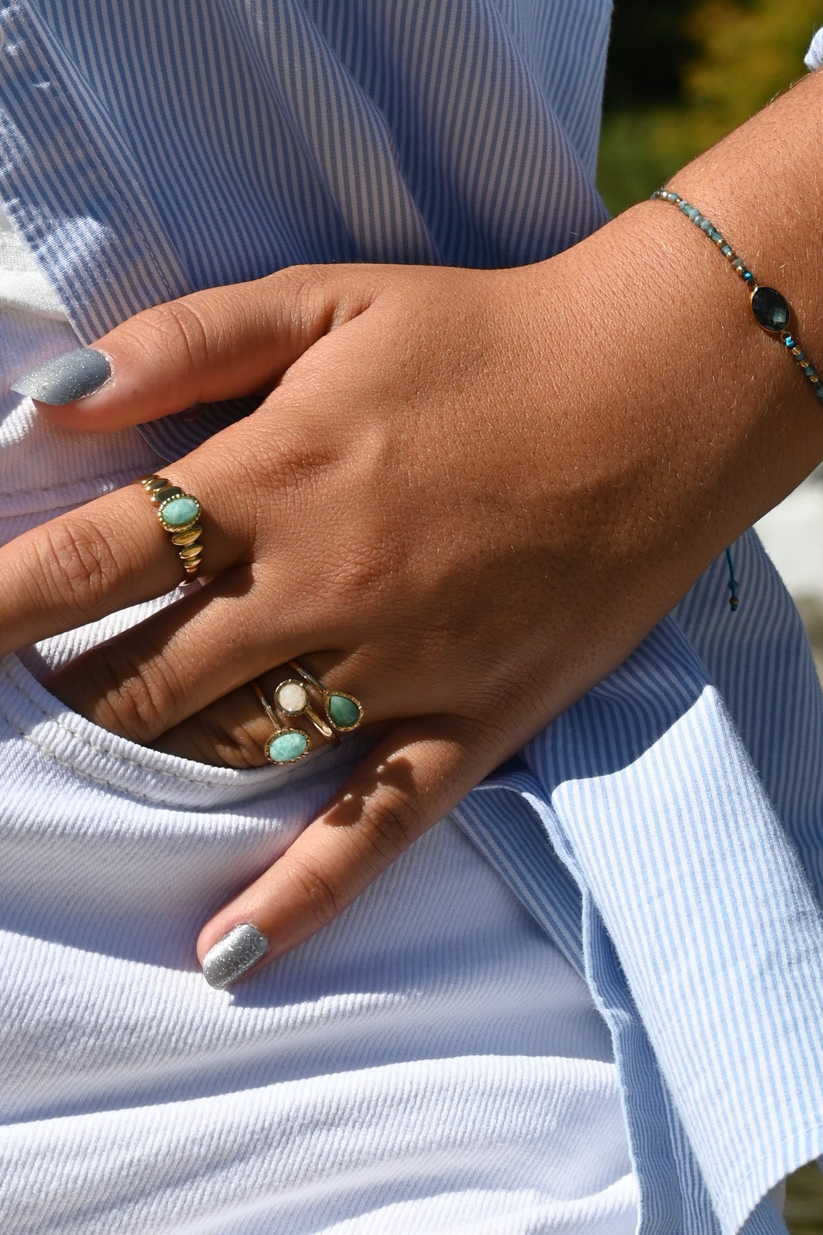 Bague EMI Ouverte 3 Rangs Pierres Naturelles Ajustable Acier Inoxydable | Or et Âme Bijoux
