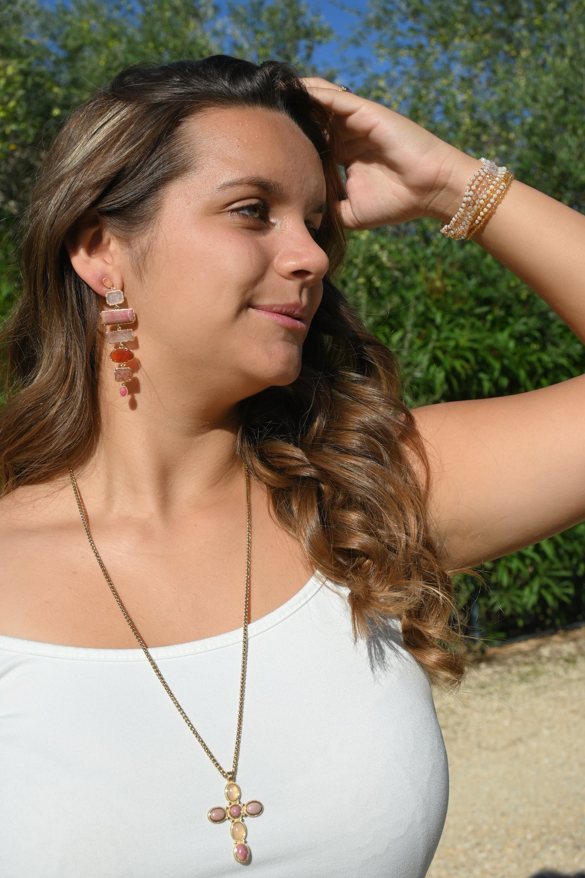 Boucles d’oreilles KALYSSA – Rhodonite, quartz rose et cornaline