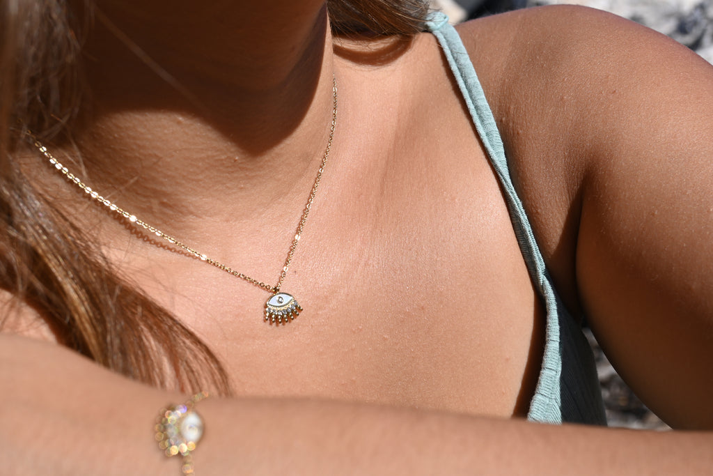 AMY – Collier et ou bracelet dorés, œil protecteur et zircon