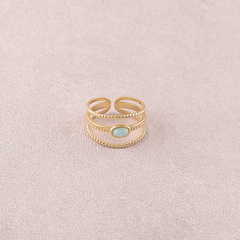 Bague Elisa – 3 Anneaux Striés & Pierre Naturelle Ovale