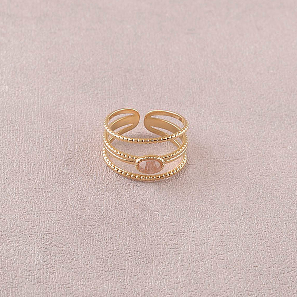 Bague Elisa – 3 Anneaux Striés & Pierre Naturelle Ovale