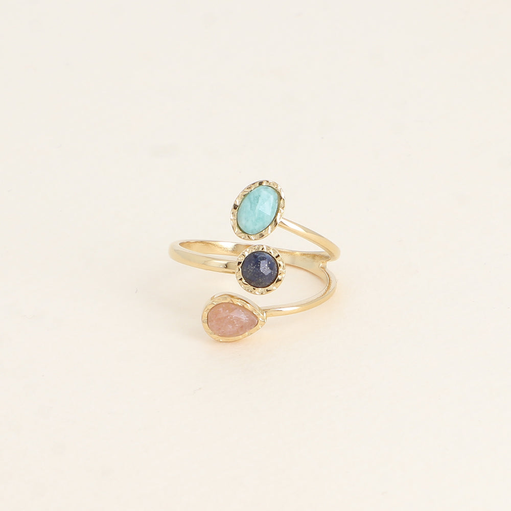 Bague EMI Ouverte 3 Rangs Pierres Naturelles Ajustable Acier Inoxydable | Or et Âme Bijoux