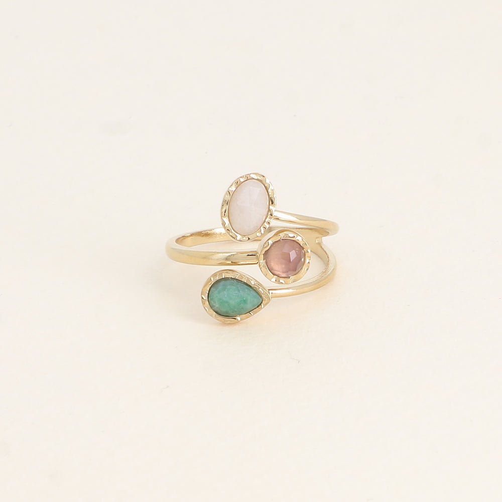 Bague EMI Ouverte 3 Rangs Pierres Naturelles Ajustable Acier Inoxydable | Or et Âme Bijoux