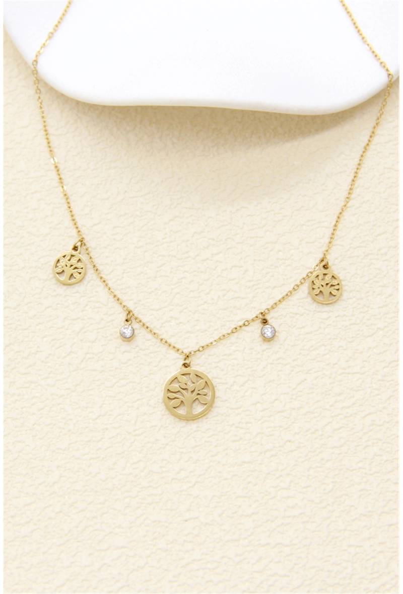 Collier Ena — 5 Breloques Arbre de Vie & Cristaux • Acier Inoxydable Doré