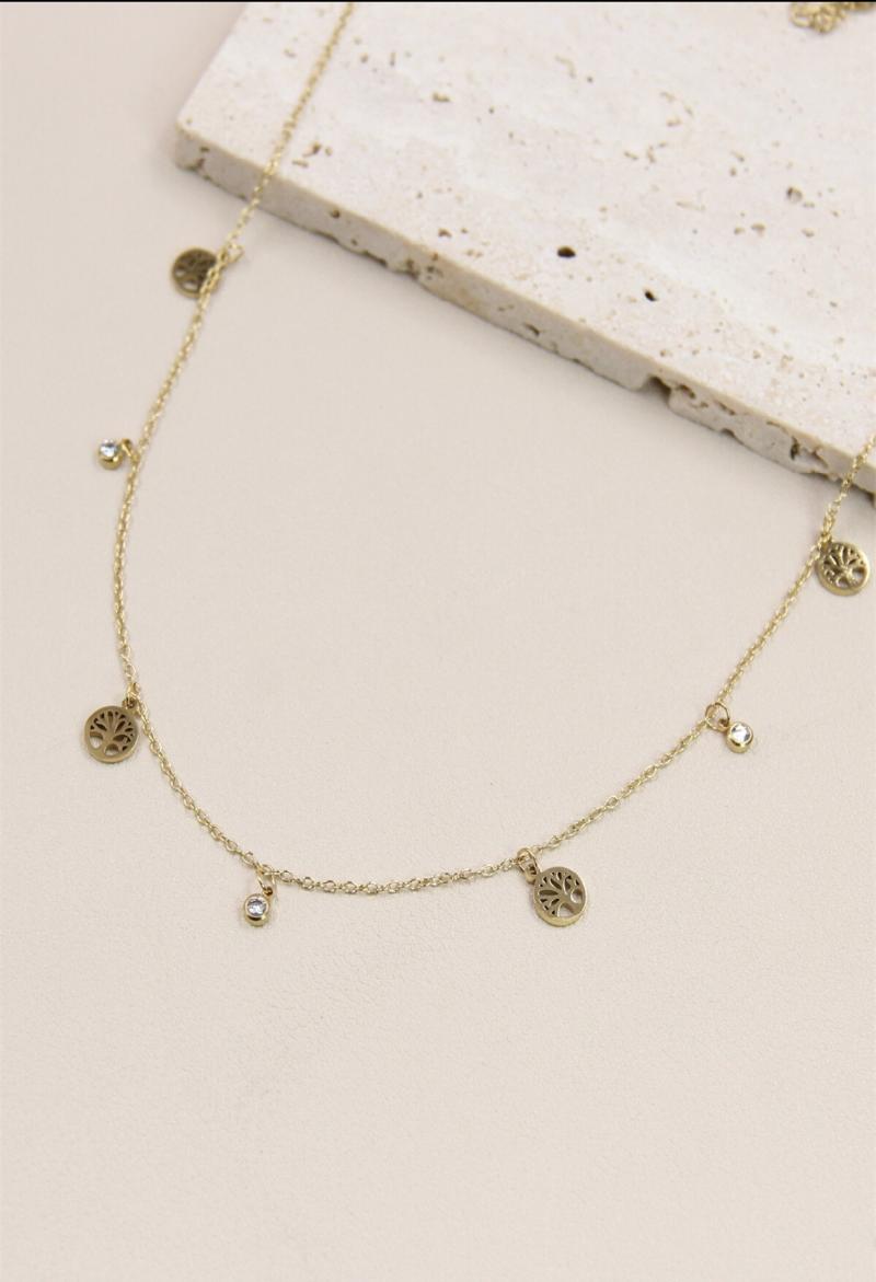 Collier Ena — 5 Breloques Arbre de Vie & Cristaux • Acier Inoxydable Doré