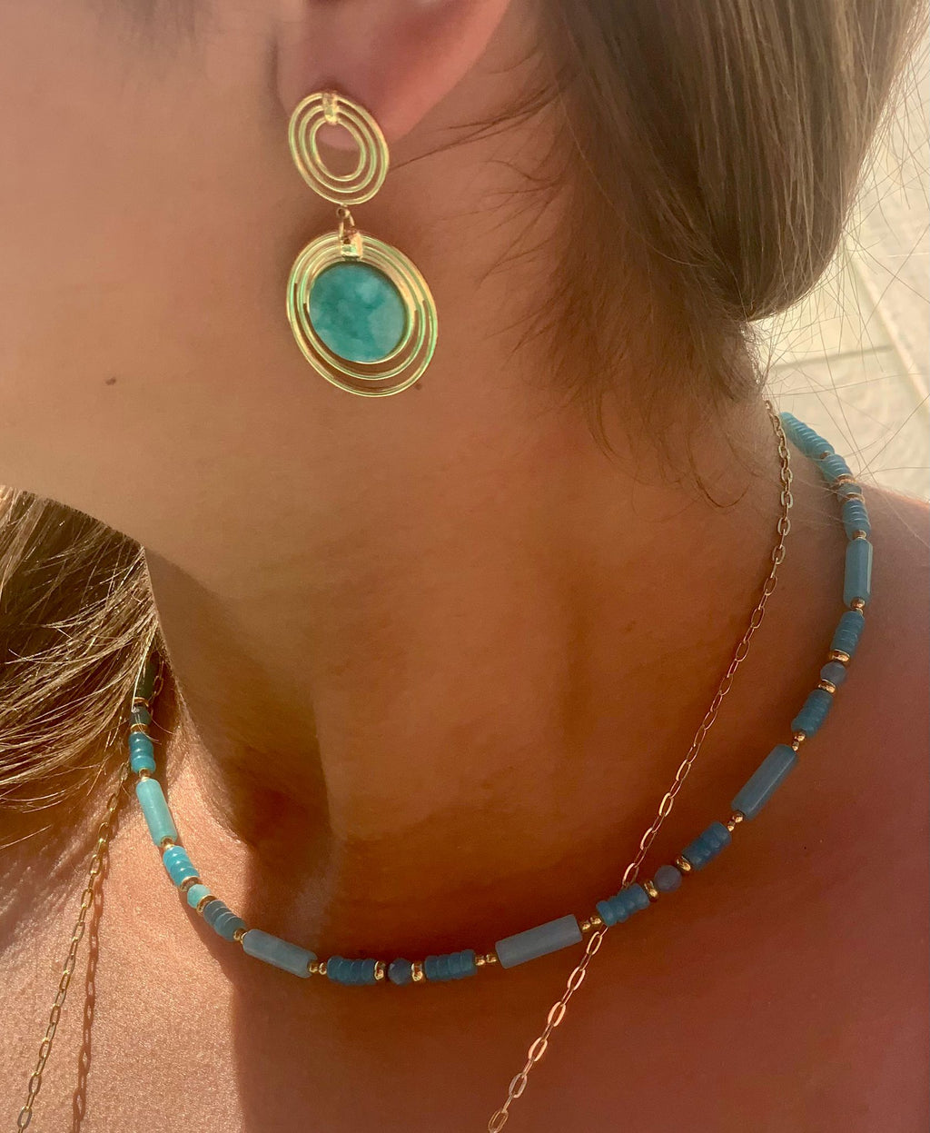 Sautoir ROSALINE Amazonite Médaillon 3 Anneaux Acier Inoxydable Doré | Or et Âme Bijoux