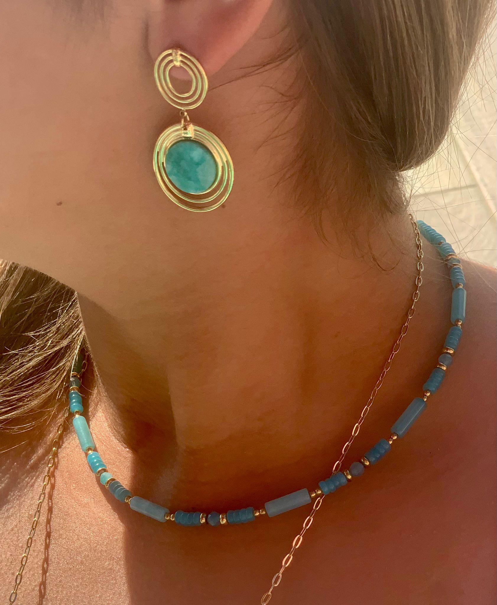 Sautoir ROSALINE Amazonite Médaillon 3 Anneaux Acier Inoxydable Doré | Or et Âme Bijoux