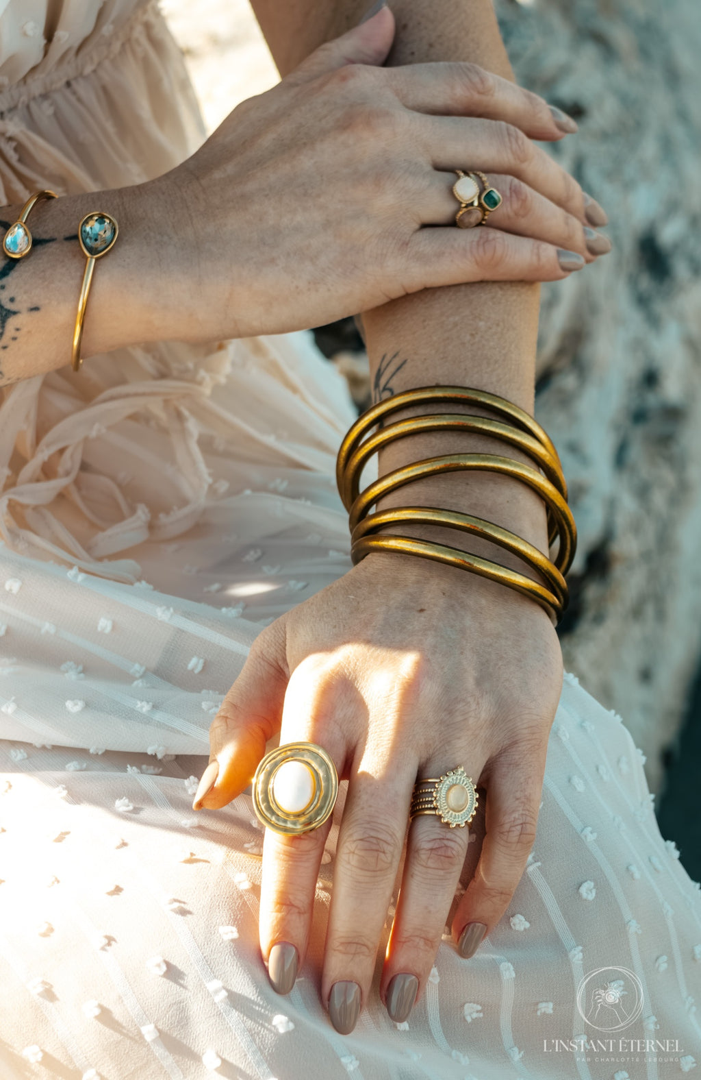 Bague LUMINA Pierre Soleil Turquoise Pierre Lune Doré Ajustable | Or et Âme Bijoux