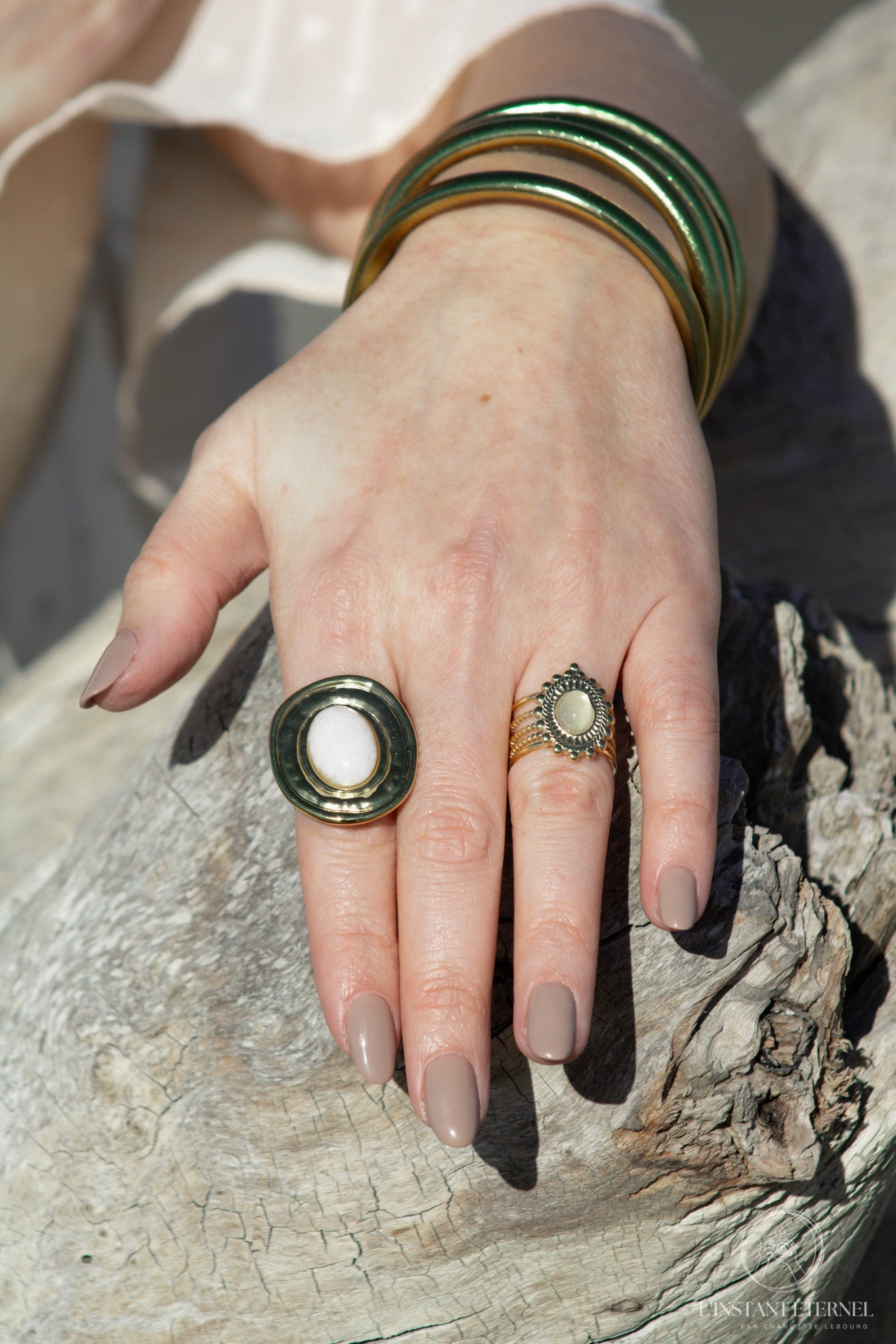 Bague LUMINA Pierre Soleil Turquoise Pierre Lune Doré Ajustable | Or et Âme Bijoux