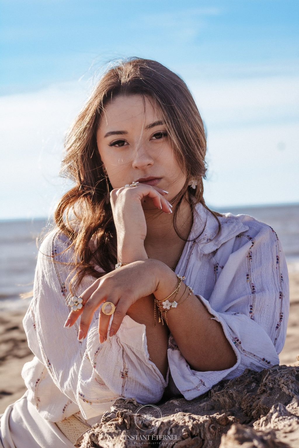 Bague ZEPHIRA Multi-Rangs Quartz Rose Pierre de Lune Acier Inoxydable Doré | Or et Âme Bijoux