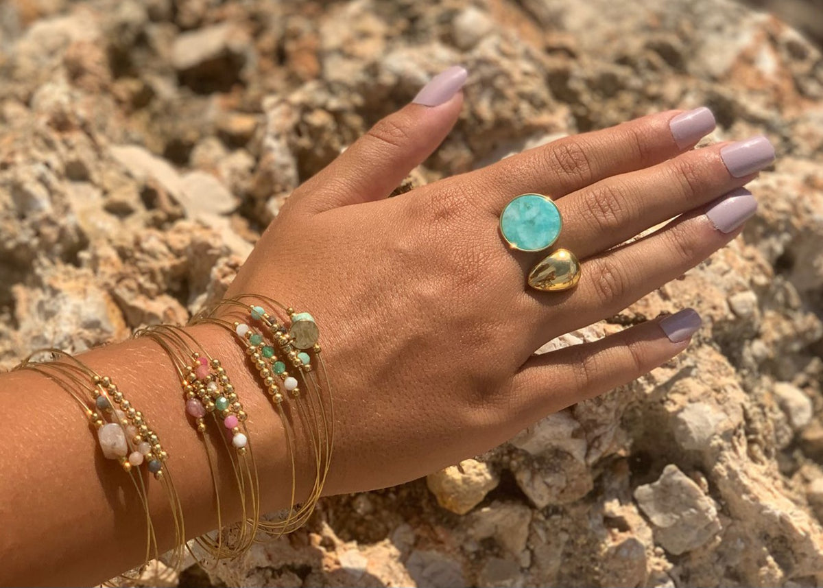 Bague LAGON Pierre Bleue Dorée Ajustable | Or et Ame Bijoux