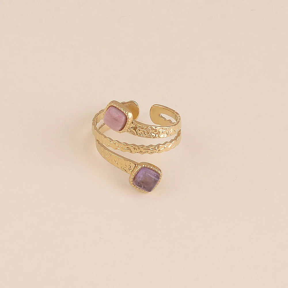 Bague Lou améthyste acier doré ajustable 3 anneaux texturés