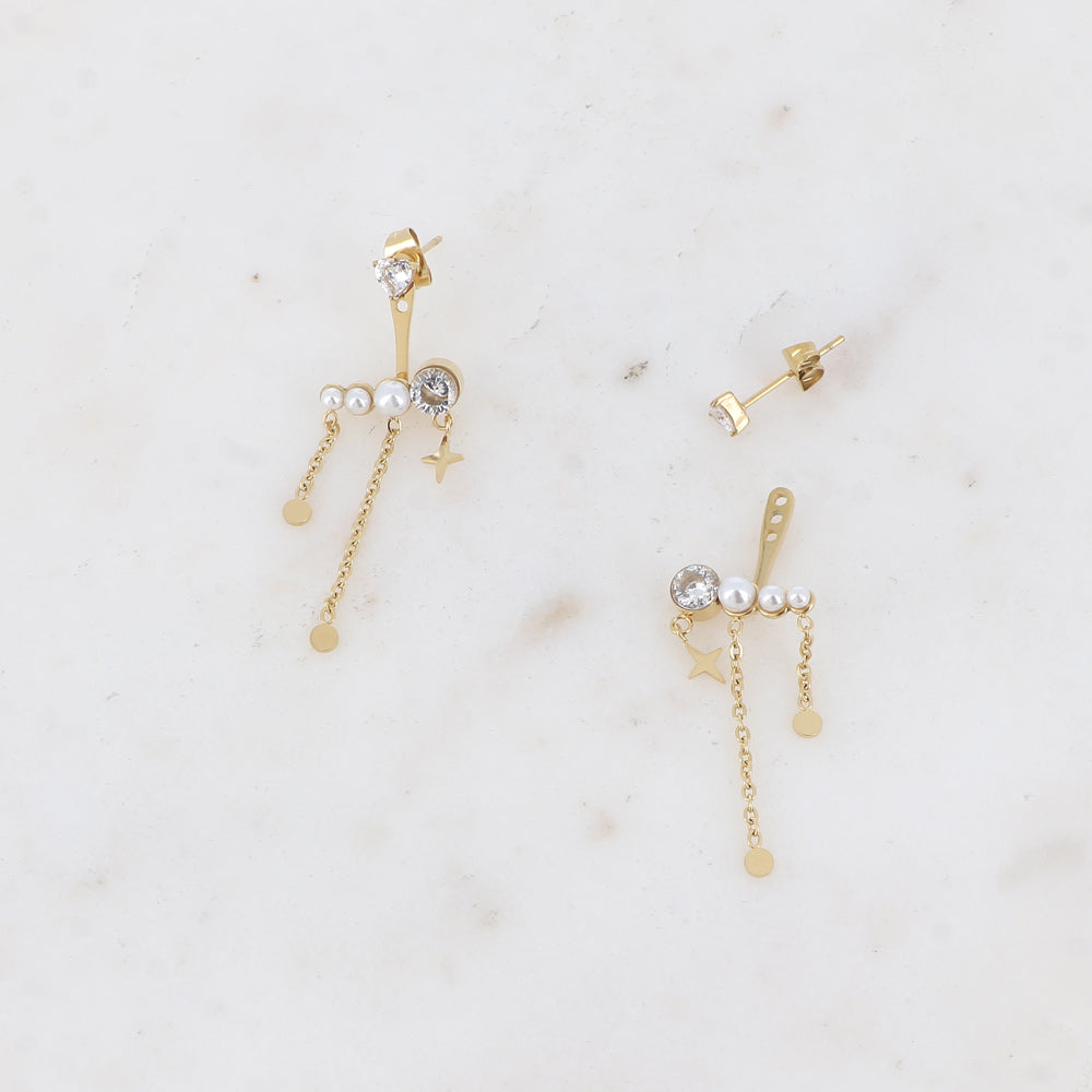 Boucles d'Oreilles MARGIE Puces Cristal Carré Interchangeable Acétate Étoile Chaînes | Or et Âme Bijoux