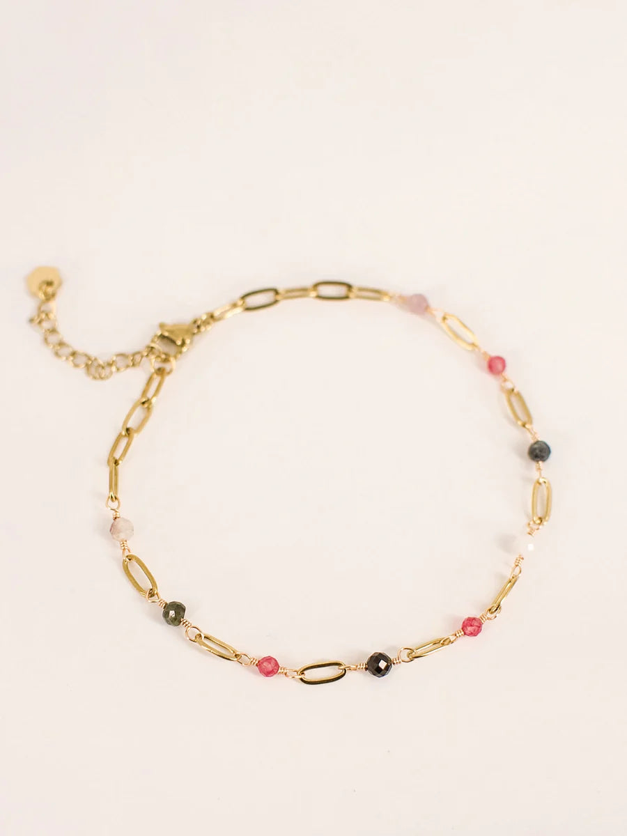 Chaîne de Cheville NALYA – Tourmaline Colorée & Acier Doré