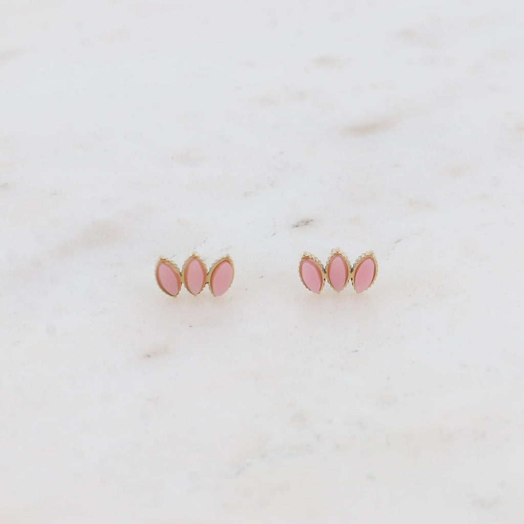 Boucles d'oreilles Romane puces triple losange rhodonite rose acier doré