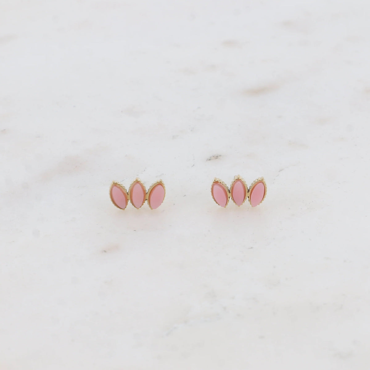 Boucles d'oreilles Romane puces triple losange rhodonite rose acier doré