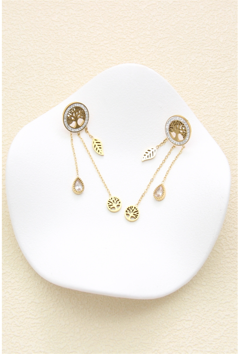 Boucles d'Oreilles Rosa — Arbre de Vie Doré & Pendentifs Cascade