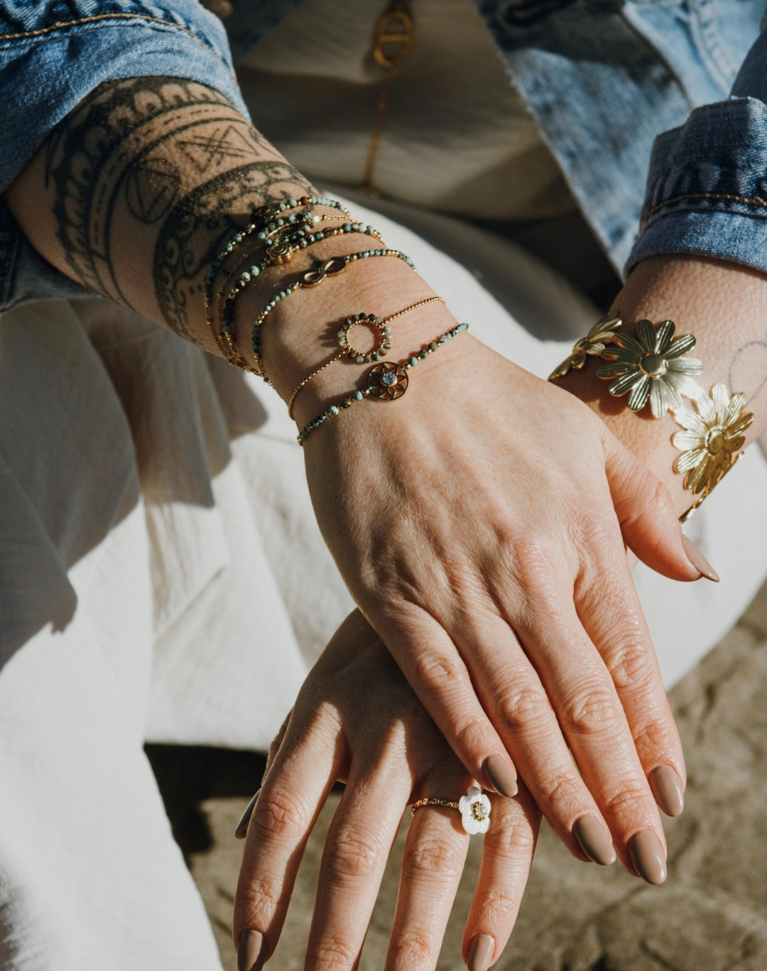 Bague ELINE  Fleur Nacre Blanche Fine Ajustable | Or et Ame Bijoux
