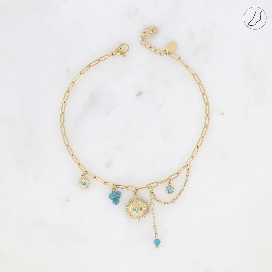 Chaine de cheville AICHA sodalite turquoise acier inoxydable dorée vue de côté