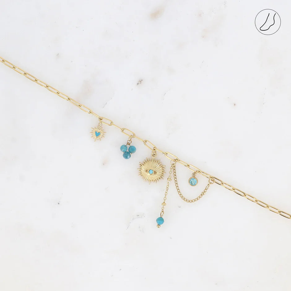 Chaine de cheville AICHA perle blanche acier inoxydable dorée vue complète