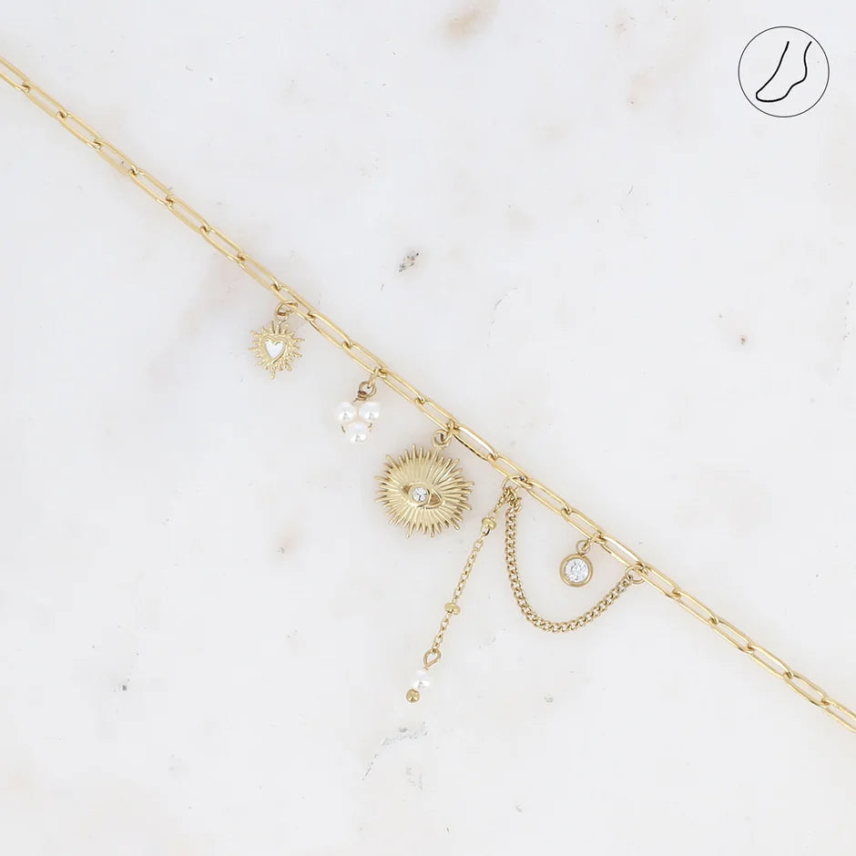 Chaine de cheville AICHA perle blanche acier inoxydable dorée vue de côté