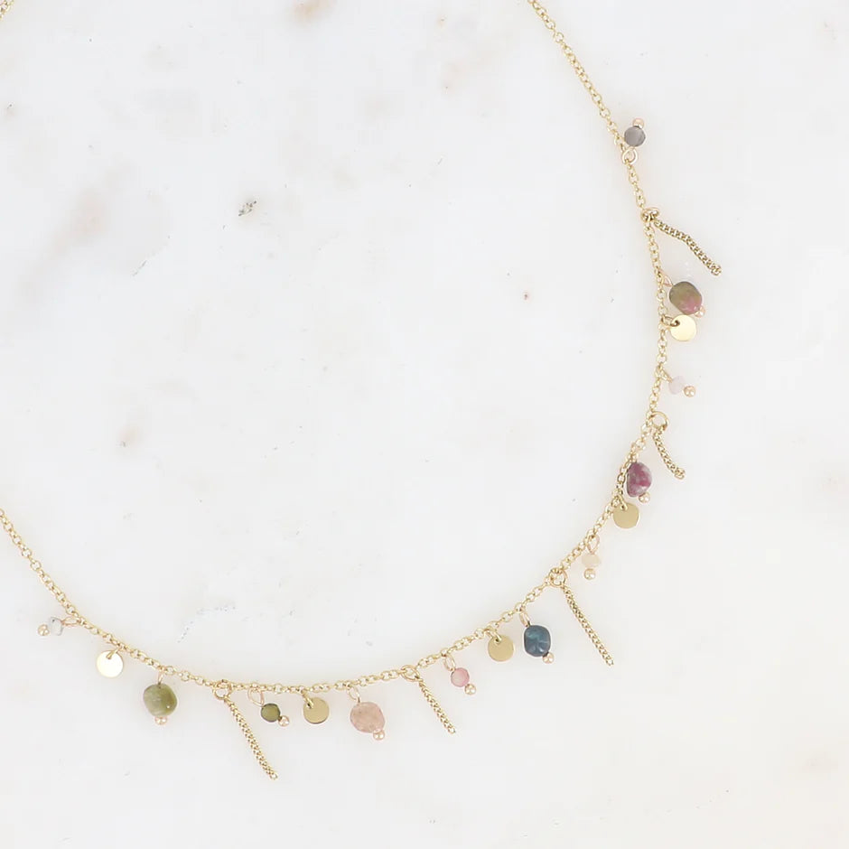 Collier Alice – Pampilles Dorées & Pierres Naturelles Agate Multicolore
