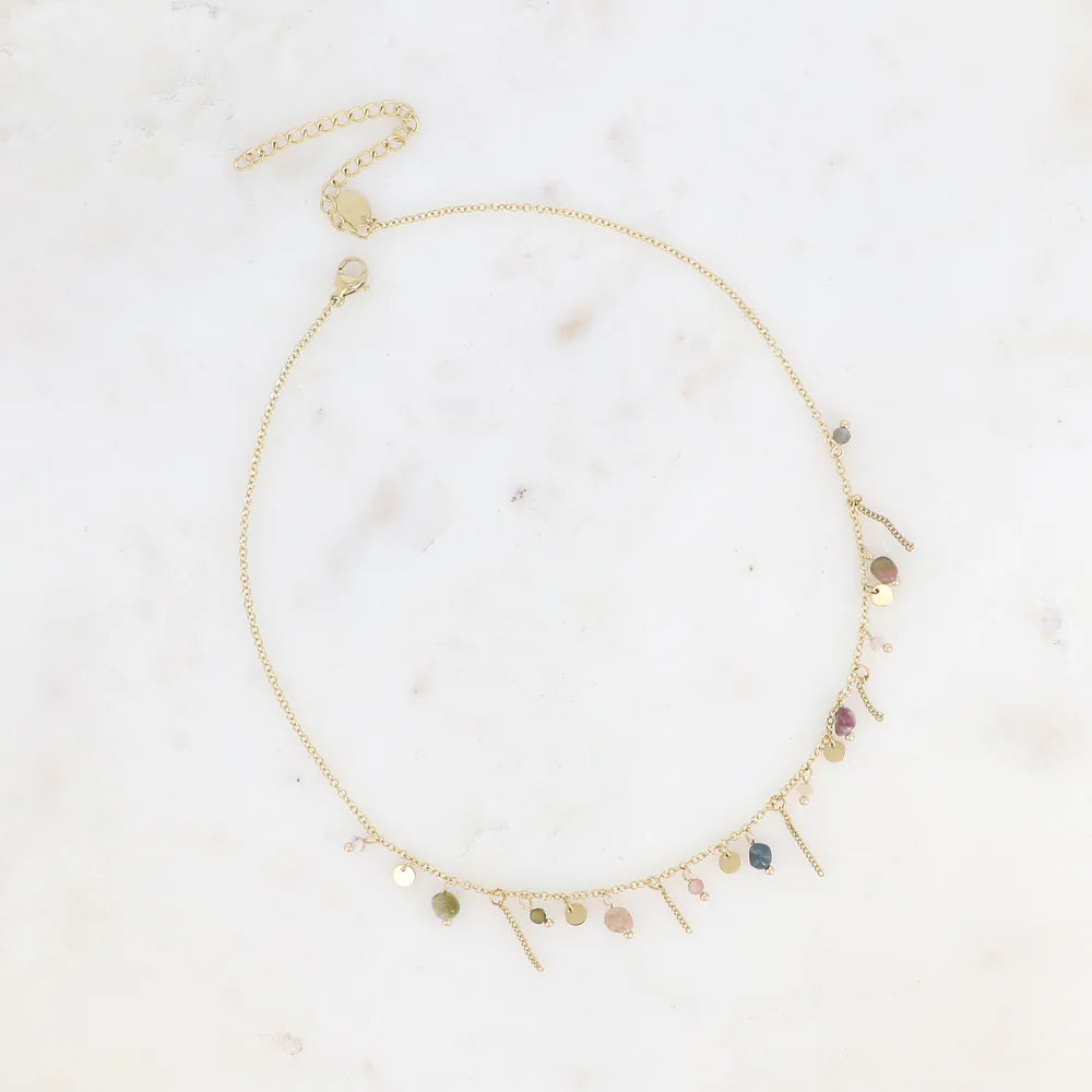 Collier Alice – Pampilles Dorées & Pierres Naturelles Agate Multicolore