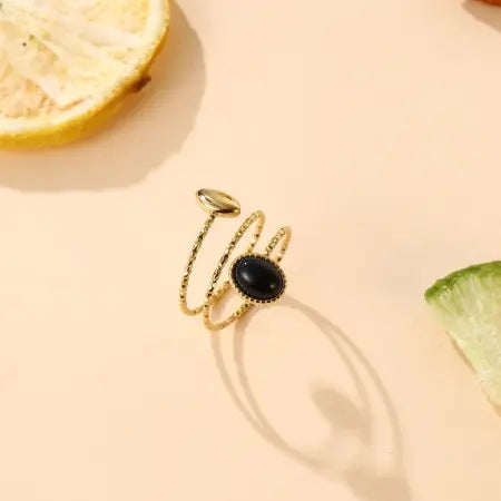 Bague ANISSA - Pierre de Lune, Turquoise Africaine ou Tourmaline Noire - Triple Anneau Doré