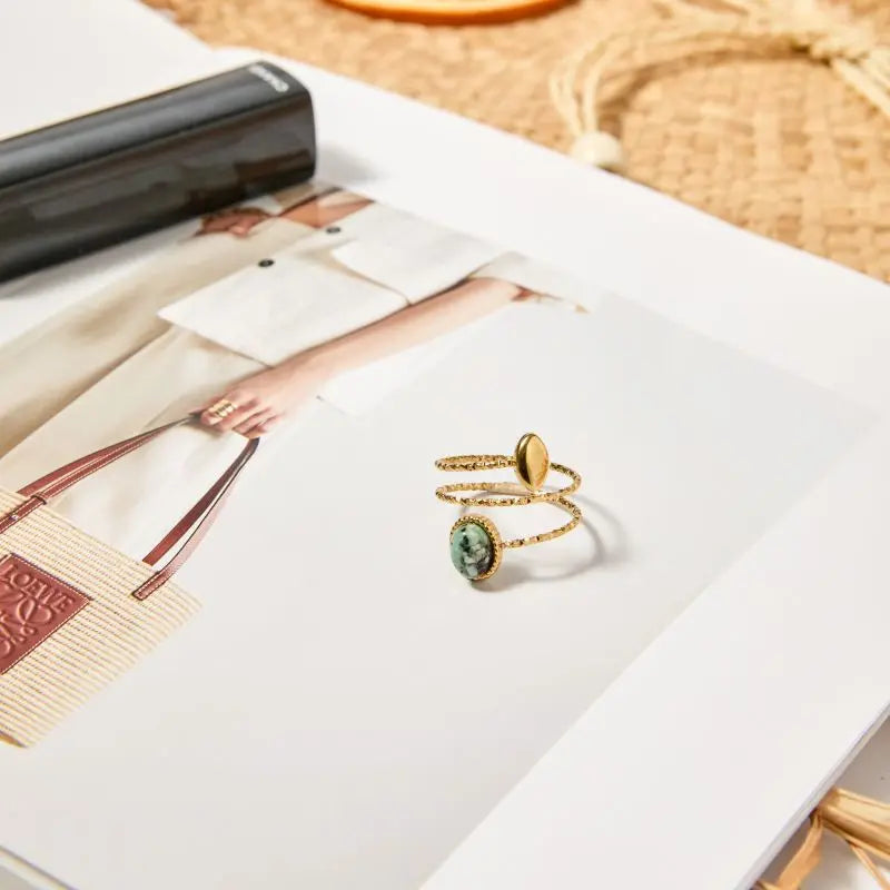 Bague ANISSA - Pierre de Lune, Turquoise Africaine ou Tourmaline Noire - Triple Anneau Doré