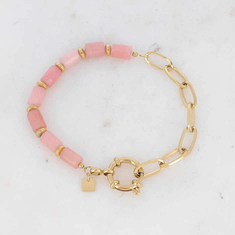 Bracelet AZILAL agate rose cylindres pierres naturelles chaîne acier doré fermoir marin