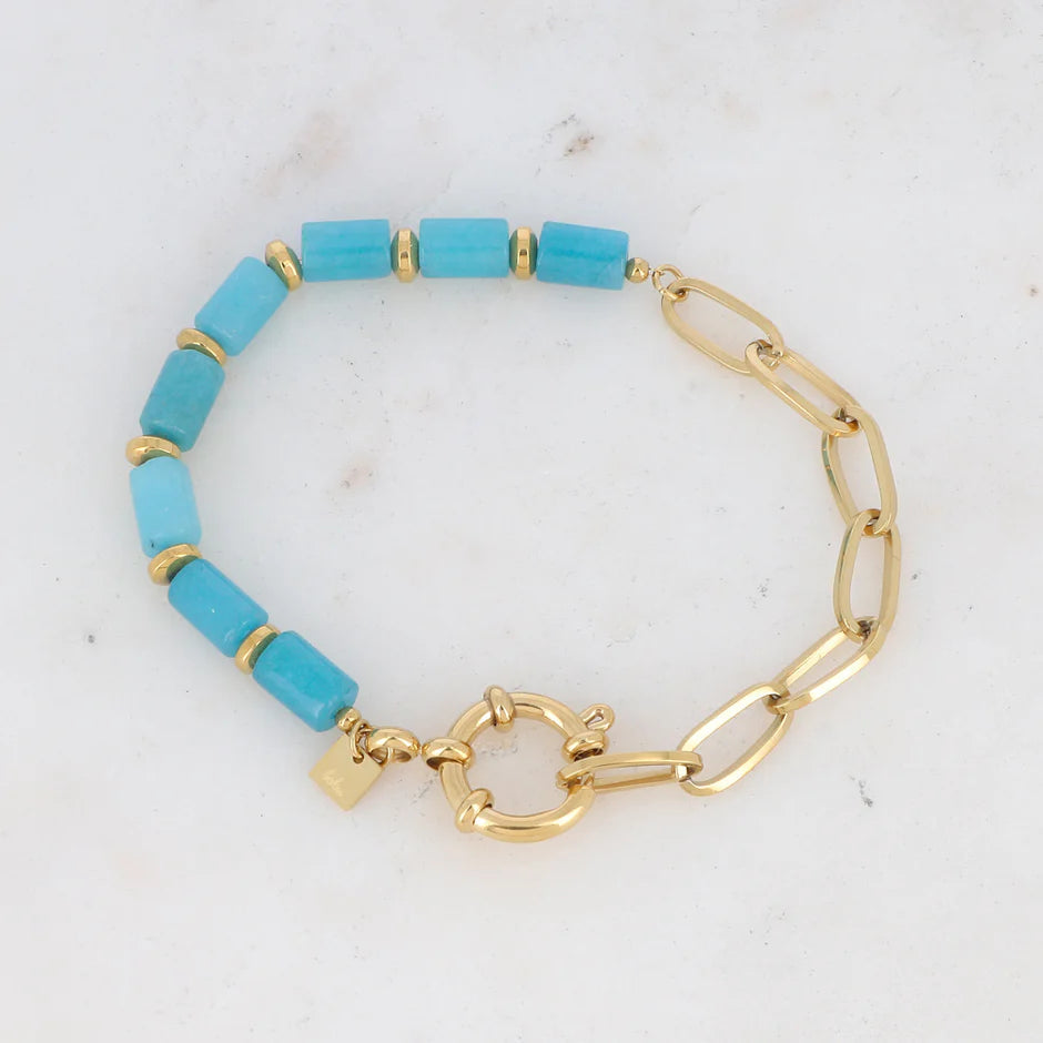 Bracelet AZILAL amazonite turquoise cylindres pierres naturelles chaîne acier doré