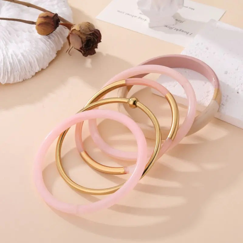 Bracelet BIANCA - Jonc Résine & Lune Dorée - Rose Doux ou Beige Doré