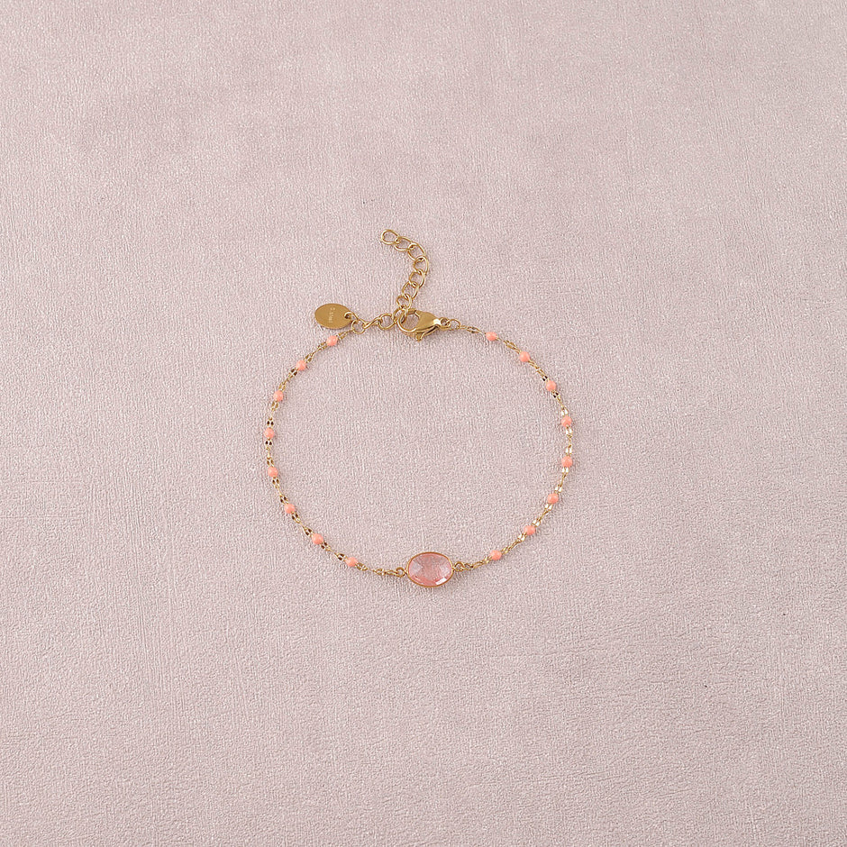 Bracelet ESTELINE | Maille Émail & Pendentif Pierre Naturelle Ovale | Or et Âme Bijoux