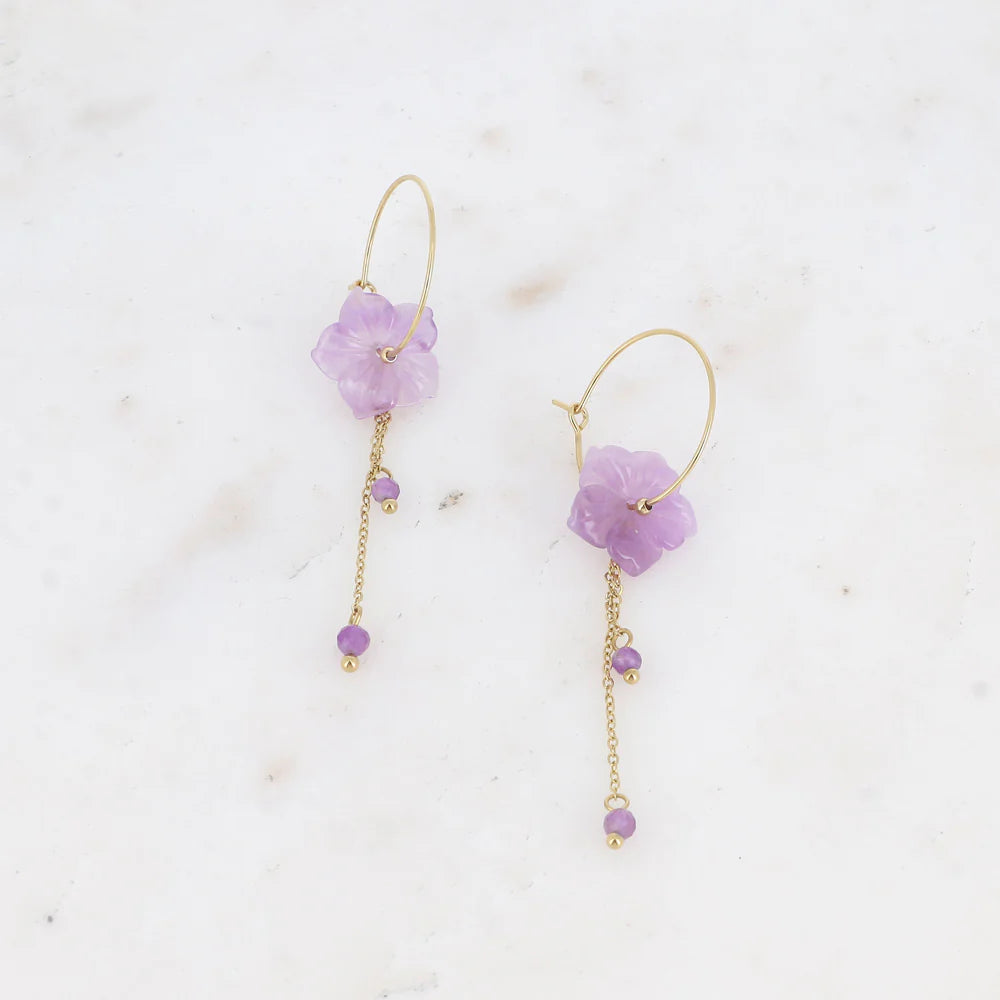 Boucles d'Oreilles Fani – Créoles Fleur en Pierre Naturelle & Chaînes Pendantes