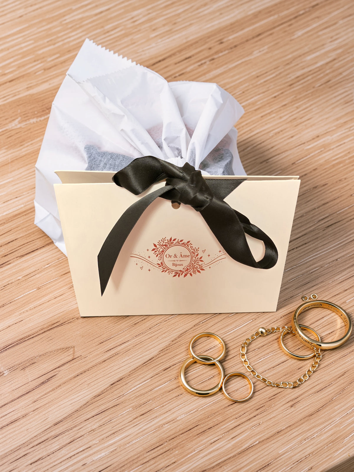 Sac cadeau bijoux avec ruban noir – Or & Âme Bijoux – 11 × 16 cm